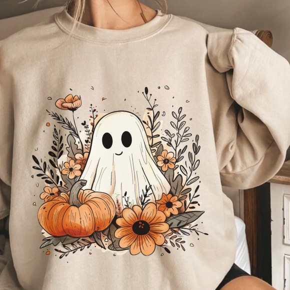 NEW Fall Ghost Pumpkins Graphic Crew Neck Long Sleeve Sweatshirt - Picture 3 of 5